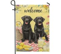 Drapeau de jardin « Welcome » avec labrador noir, bannière florale jaune pour décoration d'intérieur - Drapeau double face en toile de jute pour décoration de pelouse - 30,5 x 45,7 cm