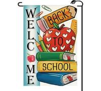 Drapeau de jardin « Welcome Back to School » - Double face - Pour enseignant d'automne - Livre à crayons - Pour l'école - Petit format