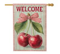 Drapeau de jardin « Welcome Cherry », fruits rouges avec nœud vichy pour décoration d'intérieur, bannière double face en toile de jute, décoration extérieure d'été, 71 x 101,6 cm