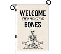 Drapeau de jardin « Welcome Come In And Rest Your Bones » - Double face - Pour extérieur, ferme, pelouse, porche, décoration - Squelette hilarant