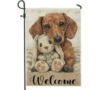 Drapeau de jardin « Welcome Dog and Bunny », bannière en toile de jute marron pour décoration de pelouse extérieure, printemps, été, 30,5 x 45,7 cm