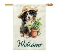 Drapeau de jardin « Welcome Dog » - Jolie décoration de plante de chiot bernois - Bannière de jardin saisonnière en toile de jute double face pour décoration de pelouse - 71 x 101 cm