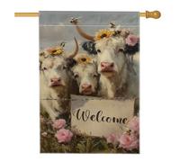Drapeau de jardin « Welcome Farmhouse » - Vaches blanches avec fleurs - Bannière de décoration d'intérieur - Double face en toile de jute - Décoration de pelouse - 71 x 101 cm