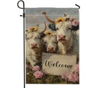 Drapeau de jardin « Welcome Farmhouse » - Vaches blanches avec fleurs - Bannière de décoration d'intérieur - Drapeau double face en toile de jute - Décoration de pelouse - 30,5 x 45,7 cm