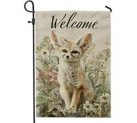 Drapeau de jardin Welcome Fennec Renard, bannière de bienvenue florale beige, drapeau de cour double face en toile de jute pour décoration extérieure de printemps, décoration de pelouse animal mignon
