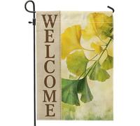 Drapeau de jardin « Welcome Ginkgo » - Bannière botanique jaune - Décoration extérieure double face en toile de jute pour fête de printemps et d'été - 30,5 x 45,7 cm