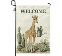 Drapeau de jardin « Welcome Girafe », arrosoir beige pour décoration d'intérieur, bannière double face en toile de jute, décoration de pelouse extérieure, 30,5 x 45,7 cm
