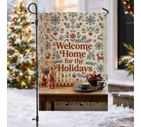 Drapeau de jardin « Welcome Home » avec citation de renne de Noël 30,5 x | Art scandinave, drapeau de pelouse, motifs floraux d'hiver, texte de vœux de vacances, décoration extérieure durable