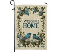 Drapeau de jardin Welcome Home, bannière florale d'oiseaux bleus, drapeau de pelouse décoratif double face pour le printemps et l'été, jolie décoration d'intérieur rustique, 30,5 x 45,7 cm