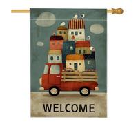 Drapeau de jardin Welcome Home, camion coloré avec maisons, décoration extérieure, bannière double face en toile de jute pour décoration saisonnière, 71 x 101,6 cm