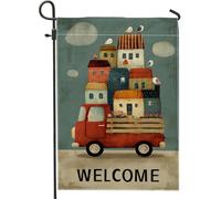 Drapeau de jardin Welcome Home, camion coloré avec maisons, décoration extérieure, bannière double face en toile de jute pour décoration saisonnière 30,5 x 45,7 cm
