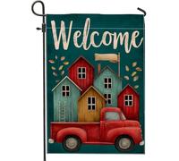 Drapeau de jardin Welcome Home, camion rouge et maison colorée, drapeau double face en toile de jute pour décoration saisonnière d'automne, 30,5 x 45,7 cm