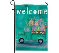 Drapeau de jardin Welcome Home, camion vintage bleu sarcelle avec décoration florale de maisons colorées, drapeau double face en toile de jute pour décoration de pelouse extérieure, 30,5 x 45,7 cm
