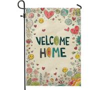 Drapeau de jardin Welcome Home, cœurs et fleurs colorés, bannière de pelouse saisonnière double face, jolie décoration d'intérieur pour le printemps et l'été, 30,5 x 45,7 cm