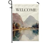 Drapeau de jardin Welcome Home, décoration de paysage de rivière de montagne sereine, bannière d'été double face, décoration de pelouse de style nature, 30,5 x 45,7 cm