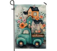 Drapeau de jardin Welcome Home, décoration florale vintage de camion bleu sarcelle, bannière extérieure printemps-été, drapeau de cour double face en toile de jute pour décoration de pelouse, 30,5 x