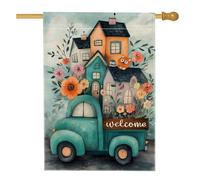 Drapeau de jardin Welcome Home, décoration florale vintage de camion bleu sarcelle, bannière extérieure printemps-été, drapeau de cour double face en toile de jute pour décoration de pelouse, 71 x