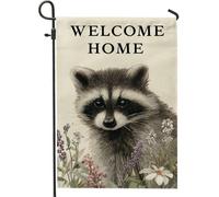 Drapeau de jardin « Welcome Home » en forme de raton laveur, décoration rustique pour le printemps et l'été, bannière florale double face pour décoration de pelouse extérieure, 30,5 x 45,7 cm