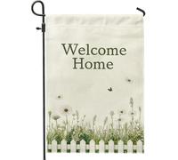 Drapeau de jardin Welcome Home, plantes florales vertes avec papillons, bannière double face en toile de jute pour décoration de pelouse de printemps et d'été, 30,5 x 45,7 cm