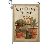 Drapeau de jardin Welcome Home, plantes vertes en pot, décoration extérieure, bannière de printemps saisonnière pour décoration de pelouse, drapeau de cour double face, 30,5 x 45,7 cm