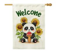 Drapeau de jardin « Welcome » mignon panda tournesol, bannière de décoration florale jaune, drapeau double face en toile de jute pour décoration extérieure d'été, 71 x 101,6 cm