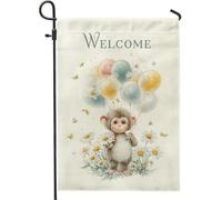 Drapeau de jardin Welcome Monkey - Ballons colorés - Bannière de décoration florale double face en toile de jute - Décoration de pelouse extérieure - Décoration de fête printemps-été - 30,5 x 45,7 cm