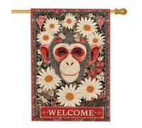 Drapeau de jardin « Welcome Monkey » - Bannière de décoration florale rouge - Drapeau double face en toile de jute pour décoration extérieure de printemps et d'été - 71 x 101 cm