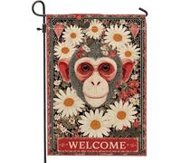 Drapeau de jardin « Welcome Monkey » - Bannière de décoration florale rouge - Drapeau double face en toile de jute pour décoration extérieure de printemps et d'été - 30,5 x 45,7 cm