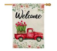 Drapeau de jardin « Welcome » - Motif camion rouge - Bannière de décoration florale pour la maison - Double face en toile de jute - 71 x 101 cm