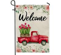 Drapeau de jardin « Welcome » - Motif camion rouge - Bannière de décoration florale pour la maison - Double face en toile de jute - Décoration de pelouse extérieure - 30,5 x 45,7 cm