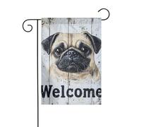 Drapeau de jardin « Welcome on Wood Board » - Motif chien carlin - 30 x 45 cm - Double face - Décoration extérieure de ferme