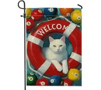 Drapeau de jardin « Welcome Poolside », félin blanc avec flotteur de natation et boules de billard, décoration extérieure, bannière d'été double face pour décoration de pelouse, 30,5 x 45,7 cm