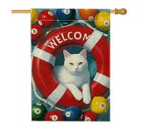Drapeau de jardin « Welcome Poolside », félin blanc avec flotteur de natation et boules de billard, décoration extérieure, bannière d'été double face pour décoration de pelouse, 71 x 101 cm