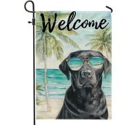 Drapeau de jardin « Welcome » pour chien noir, océan tropical, palmier, bannière de décoration d'intérieur, toile de jute double face, décoration de pelouse pour le printemps et l'été, 30,5 x 45,7 cm
