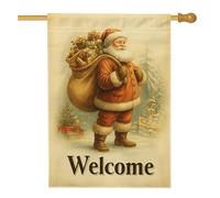 Drapeau de jardin « Welcome Santa Claus » - Décoration de Noël vintage - Bannière de vacances beige chaud - Décoration de pelouse extérieure en toile de jute double face - 71,1 x 101,6 cm