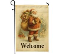 Drapeau de jardin « Welcome Santa Claus » - Décoration de Noël vintage - Bannière de vacances beige chaud - Décoration de pelouse extérieure en toile de jute - 30,5 x 45,7 cm
