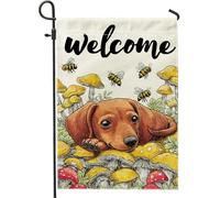 Drapeau de jardin « Welcome Spring Summer » - Champignon jaune - Style forêt - Bannière de décoration d'intérieur - Drapeau double face - Décoration de pelouse saisonnière - 30,5 x 45,7 cm