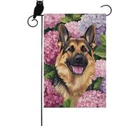 Drapeau de jardin « Welcome Spring Summer Happy German Shepherd » chic bleu hortensia - Bannière décorative avec imitation
