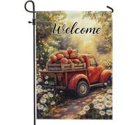 Drapeau de jardin « Welcome Strawberry » - Motif camion rouge fraise - Bannière de décoration florale d'été rustique - Décoration de cour double face pour extérieur, pelouse, fête de vacances - 30,5 x