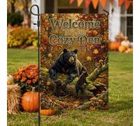 Drapeau de jardin « Welcome To Our Cozy Den Bear Family » - Noir - 30,5 x | Thème forêt, drapeau de pelouse, décoration de cabane rustique, feuillage d'automne, art de la faune