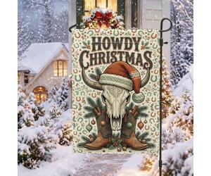 Drapeau de jardin Western Christmas Longhorn Citation Tête de mort 30,5 x | Thème occidental, drapeau de pelouse, bottes de cowboy, chapeau de Père Noël, branches de pin, décorations d'hiver