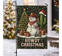 Drapeau de jardin Western Cowboy bonhomme de neige citation de Noël 30,5 x | Thème occidental, drapeau de pelouse, chapeau de cowboy, cactus festif, boîtes cadeaux, fer à cheval, feuilles de houx