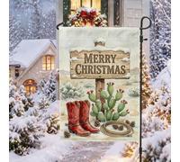 Drapeau de jardin Western Cowboy Boots de Noël 30,5 x 45,7 cm | Thème occidental, drapeau de pelouse, panneau en bois rustique, cactus figue de barbarie, paysage du désert enneigé