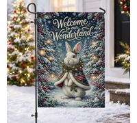 Drapeau de jardin Winter Wonderland Rabbit Holiday Welcome Christmas 30,5 x | Thème du pays des merveilles d'hiver, drapeau de cour, fond de forêt enneigée, accents de lanterne de style vintage
