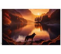 Drapeau De Jardin Wolf Fantastic Evening Lake Autumn Flower Mountain Sunset Landscape Drapeaus Décoratif Antifouling Pride Flag Couleur Vive Drapeau De Bienvenue Pour Cour Pelouse 152X90CM