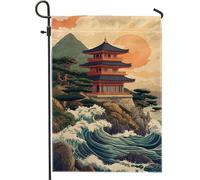 Drapeau de jardin zen japonais, temple de la pagode bleue, décoration de vagues - Bannière de cour extérieure pour printemps et été - Décoration de pelouse double face en toile de jute - 30,5 x 45,7