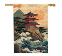 Drapeau de jardin zen japonais, temple de la pagode bleue, décoration de vagues de temple de la pagode bleue, bannière de cour extérieure printemps-été, bannière de cour extérieure, décoration de