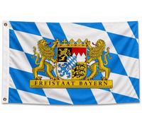 Drapeau de la Bavière Lion avec inscription 250 x 150 cm - Drapeau de qualité supérieure avec 3 œillets métalliques - Résistant aux intempéries, aux UV et à double couture - 100 % polyester - Drapeau