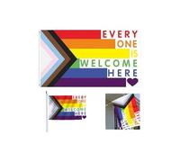 Drapeau de la fierté - « EVERY ONE IS WELCOME HERE » Drapeau arc-en-ciel avec rayures noires, marron, rose, bleu et blanc, 150 x 90 cm, polyester durable avec œillets en laiton pour l'extérieur