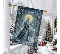 Drapeau de la maison de la déesse d'hiver de la déesse païenne de Noël 71,1 | Compagnon de loup blanc, drapeau de cour, forêt pleine lune, bordure de nœud celtique, célébration du solstice d'hiver